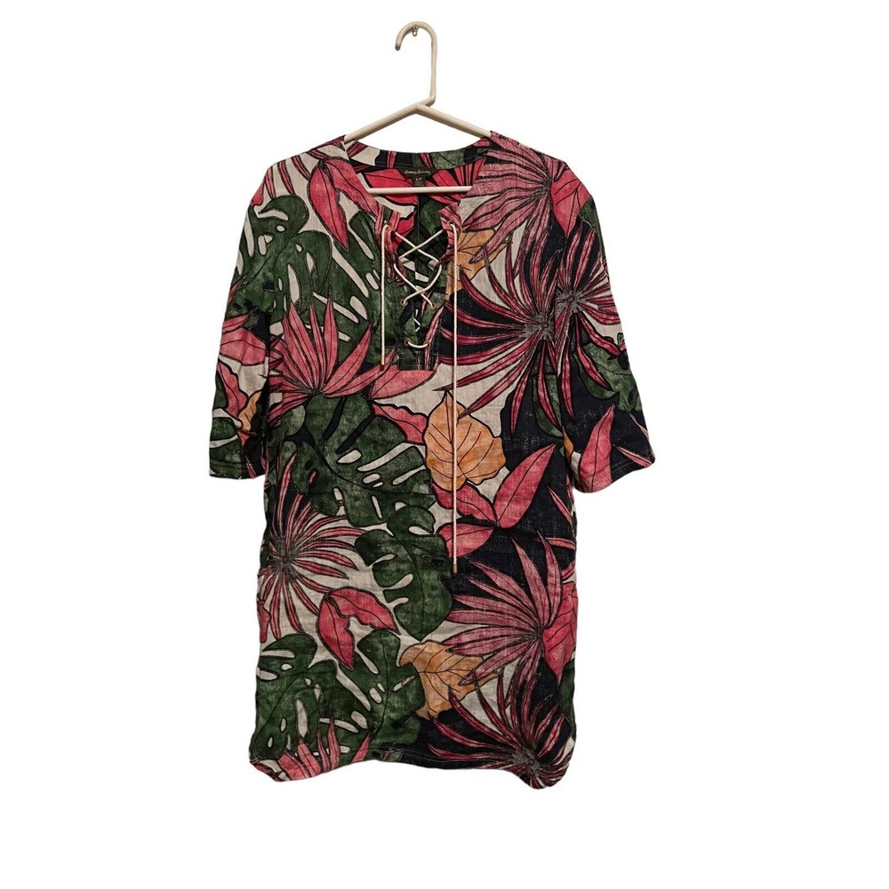 TOMMY BAHAMA Linen Tunic Mini Dress Cover Up Remy Tropical Floral Pockets SP